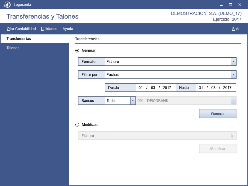 Logoconta: Transferencias - Opciones